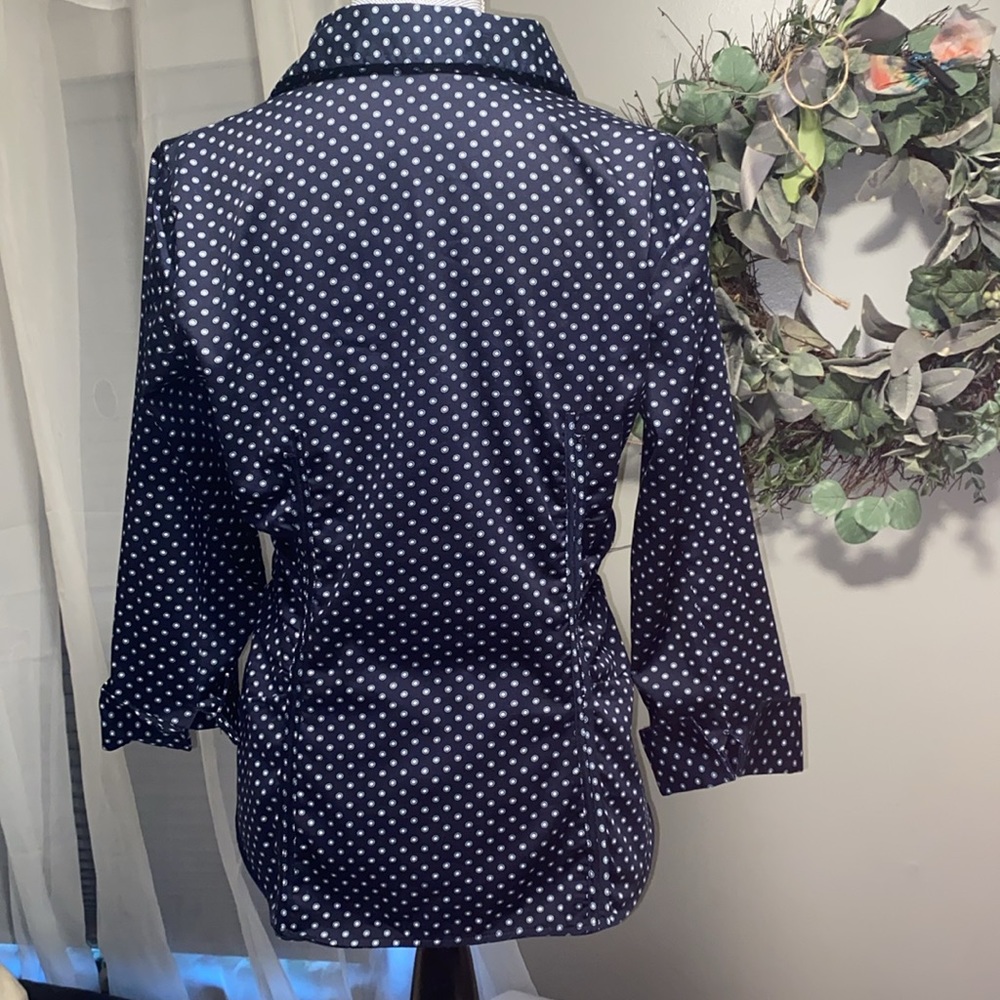 Navy blue white  button up button down ruched side fitted women’s blouse top med - Picture 7 of 11
